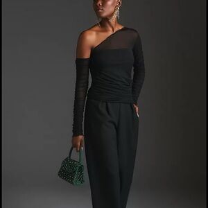 Anthropologie Black Sheer One-Shoulder Shirt